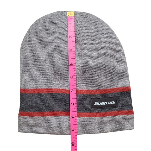 Snap-on Gray Knit Beanie Hat with Fleece Lining | Red Stripe | One Size - Picture 4 of 8